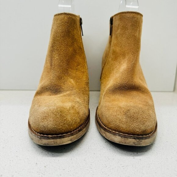 Steve Madden Resolv Suede Leather Booties Ankle Boots Camel Tan Stacked Heel 9 - Picture 14 of 15